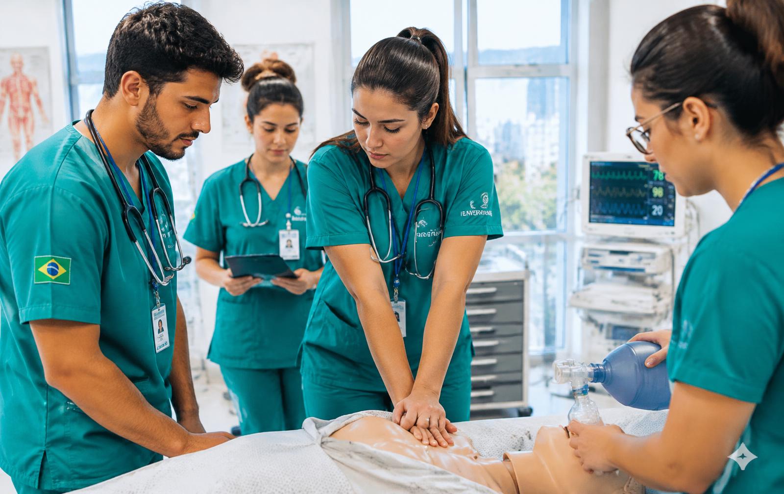 Estudantes de enfermagem em aula prática